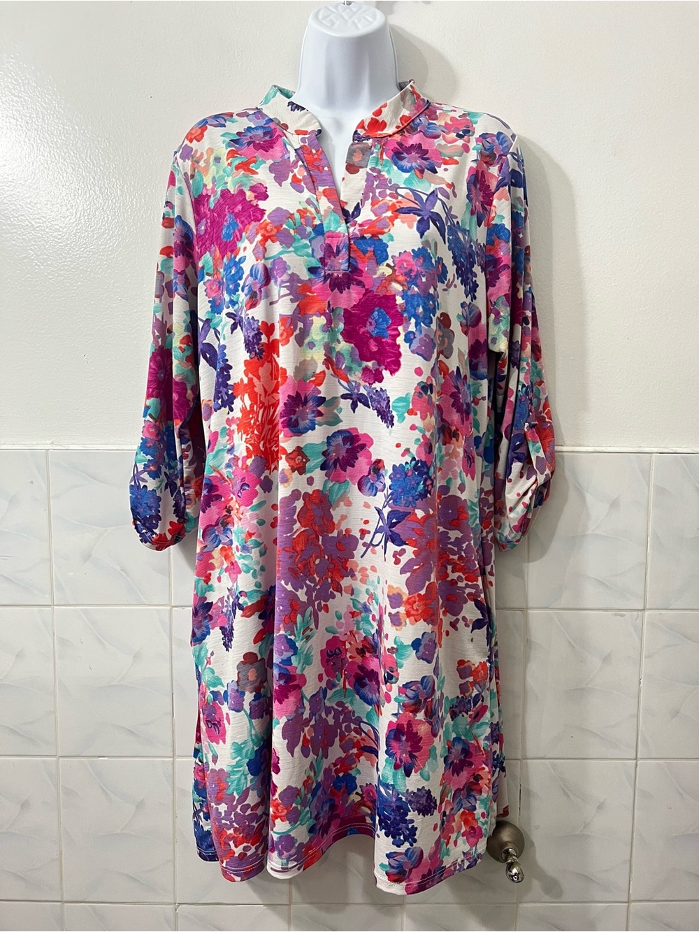 Women’s 3/4 Sleeve Watercolor Floral Tunic Dress L Boho Travel Vacation Summer
